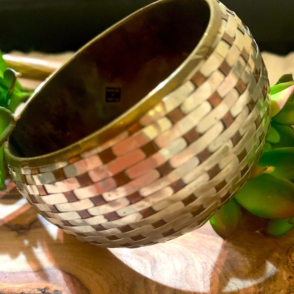 Vintage Brass Copper Bangle Bracelet Tri Color Chunky Woven Made in India.
